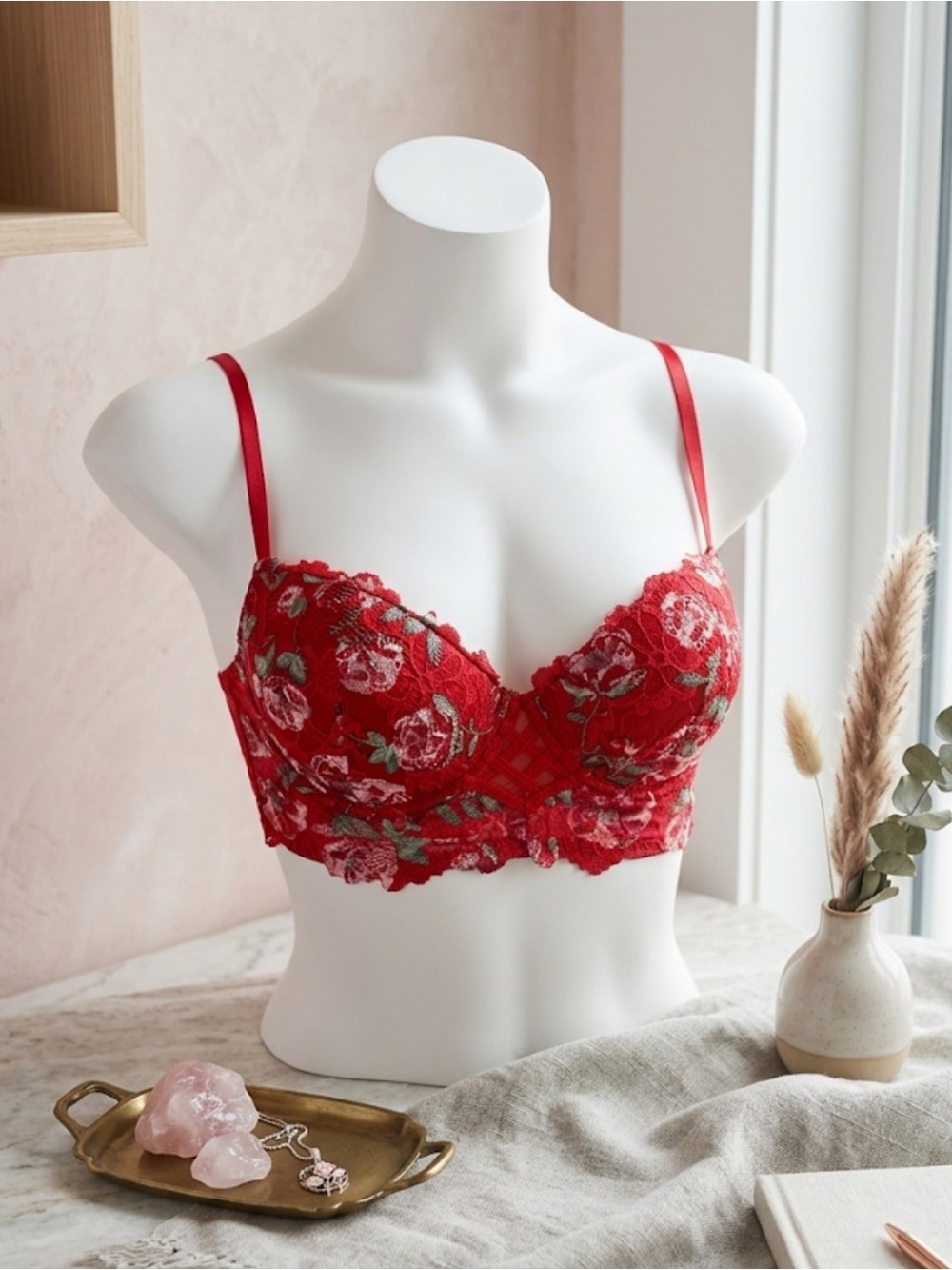 Red Floral Embroidered Push‑Up Bra – Size 36C | Romantic Lingerie Y2K Seduction